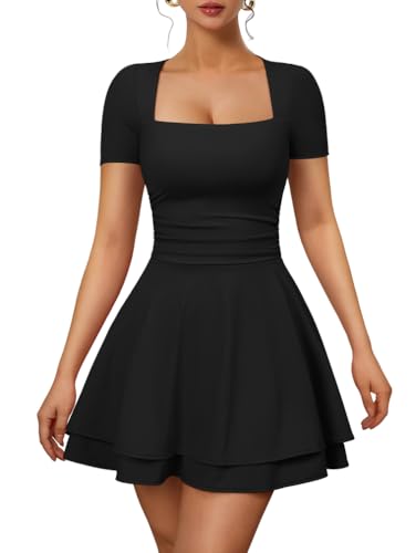 XXTAXN Women's Sexy Square Neck Short Sleeve Ruched Tiered Ruffle Hem Flowy Club Party Mini Dress