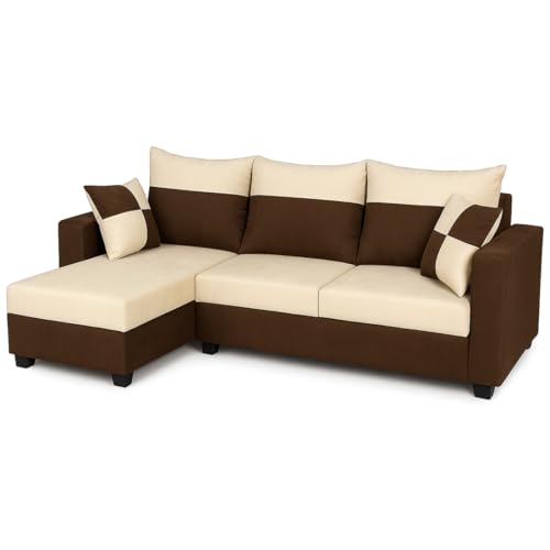 Image of Furny Arevva 4 Seater Fabric LHS L Shape Sofa Set (Cream-Dark Brown)
