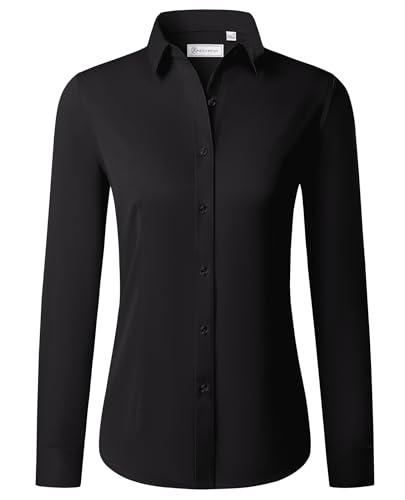 siliteelon Button Down Shirts for Women Long Sleeve Dress Shirts Wrinkle Free Collared Work Office Solid Blouses Tops Black