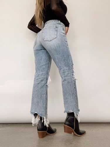 Jeans Pants Trousers Denim Trendy Washed Hole High Waist Loose Straight Pants4