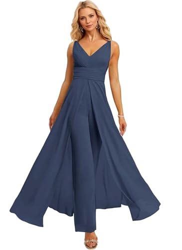WILLHYDTF Women's Navy Blue Bridesmaid Jumpsuit 2025 Chiffon Wedding Guest Jumpsuit Sleevelss Formal Party Jump Suits us6