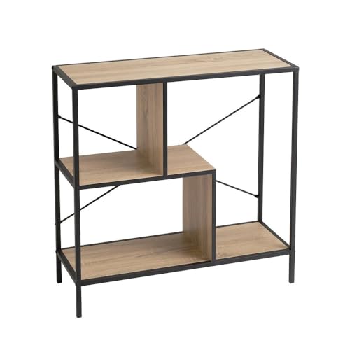 LOLAhome - Estantería geométrica con 5 estantes de Madera Natural Clara y Metal Negro 80x30x147 cm para salón. Estilo Industrial versátil Que Organiza Libros y decoración con Gran Estabilidad