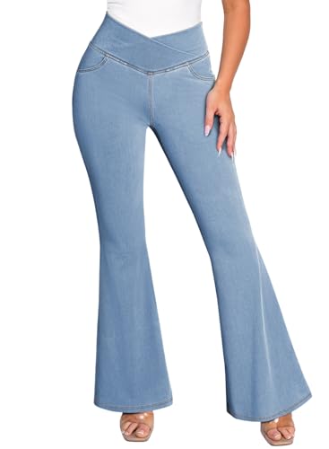 Pink Queen Bell Bottom Jeans for Women Crossover High Waisted Stretchy Denim Leggings Tummy Control Flare Pants with Pockets
