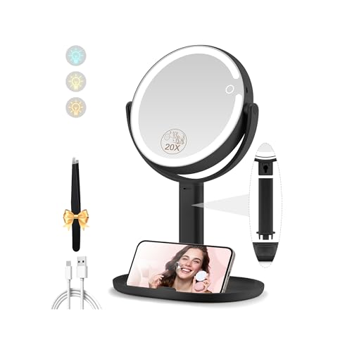 Image of MOMOKUBA Makeup Mirror with Lights, Double Sided 1x /20x Magnifying Mirror with Light, Rechargeable 3 Color Lights and Adjustable Brightness, 360 Rotation Detachable Comes with Tweezer(Black)