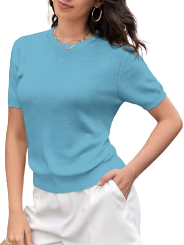 Image of SANGTREE Short Sleeve Sweater for Women Crewneck Summer Knit Tops | Summer Knit Pullover Tops.Perfect for Daily,Work,Home,Holiday,Travel,Shopping Etc.