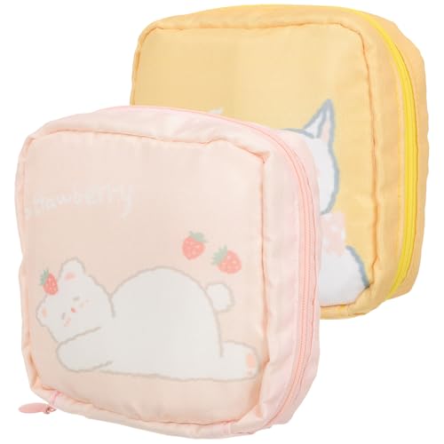 STAHAD Bolsa Lavable para Toallas Sanitarias 2 Unidades Diseño de Gato Amarillo y Oso Fresa Rosa, Gran Capacidad, Práctica para Almacenamiento de Compresas Menstruales y Uso Femenino