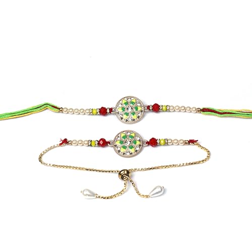 Image of Oblivion Rakhi Set for Brother and Bhabhi - Peacock with Feather Gift for Bhai & Lumba for Bhabhi with Silver Colour Coin and Greeting Card - Raksha Bandhan Combo