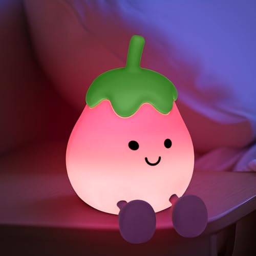 AQXONG Berenjena Luz Nocturna Infantil, Luz Nocturna Infantil con Función de Temporizador, USB Recargable, Lámparas Infantiles de Silicona Adecuado para Sala de Estar, Sala de Niños, Dormitorio