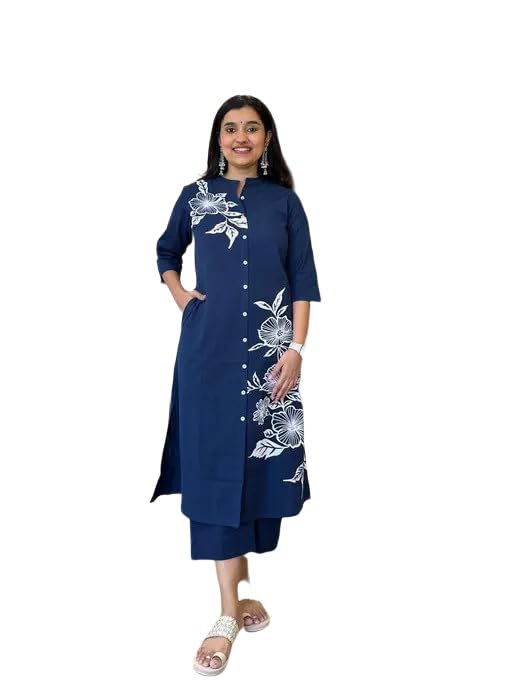 Dennis Lingo Women's Kurta Set, Black, Mint Green and Navy Blue, Cotton, Floral, Kurta with Palazzo, Ankle Length, Casual, Mandarin Collar in black