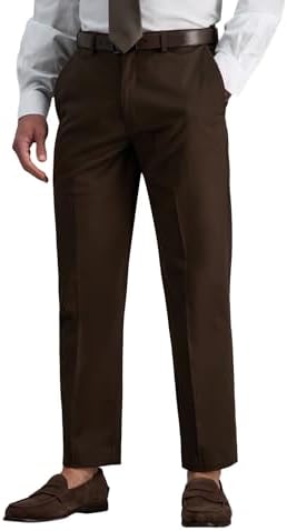 Haggar mens Premium No Iron Khaki Classic Fit Expandable Waist Flat Front Casual Pants, Chocolate, 34W x 32L US