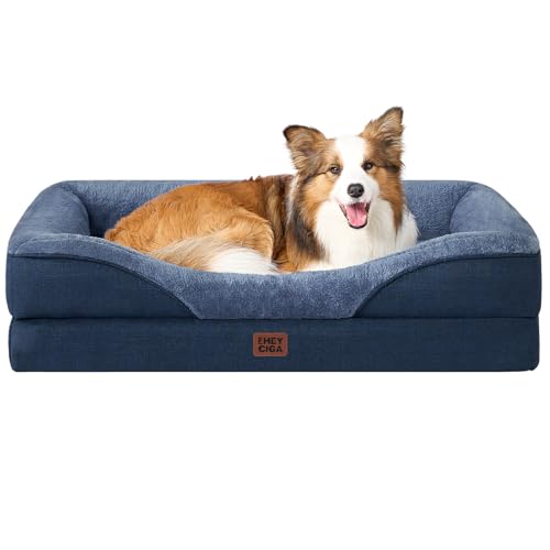 EHEYCIGA Memory Foam Cuccia Cane Interno Taglia Grande, Impermeabile Divano per Cani Sfoderabile e Lavabile, Letto per Cani con 4 Bordi Rialzati, Blu Scuro, 91x68x17.5cm