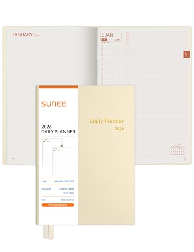 SUNEE 2026 Daily Planner A5 Hardcover Hourly Schedule Organizer with Monthly Tabs & Task Tracker Beige Cover Time Management Notebook for Work School Personal Goals
