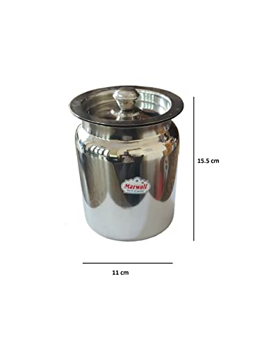 Image of Stainless Steel Glossy Finish Oil Ghee Dani Barni Dabba Dibba Storage Jar Serving Container Pot with Lid for Home Kitchen Mandir (1 Litre)