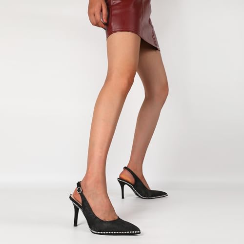 SAMMITOP Women's Slingback Heels Pointed Toe Stiletto High Heel Rhinestone Beaded Pumps 3.5 Inch Satin Wedding Party Dress Shoes2