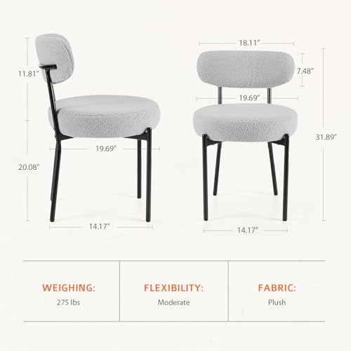 Sweetcrispy Dining Chairs Set of 2, Boucle Upholstered Modern Mid Century Round Kitchen Chairs with Curved Backrest & Metal Legs for Vanity, Living Room - Grey
