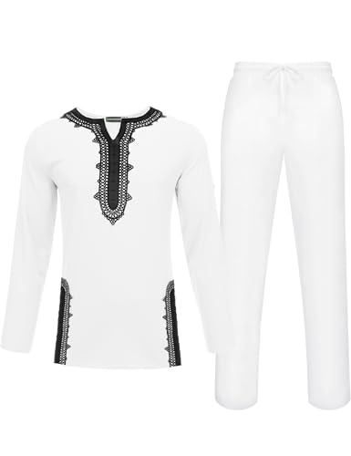 Daupanzees Men's African 2 Piece Set Traditional Dashiki Suit Lace Embroidered Pullover Shirt and Solid Pants Outfit