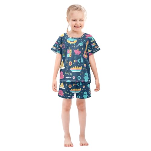 Abstract Sea Fish Kids Pjs Set Boys Girls Summer Short-Sleeve Sleepwear Pajamas 2PCS3
