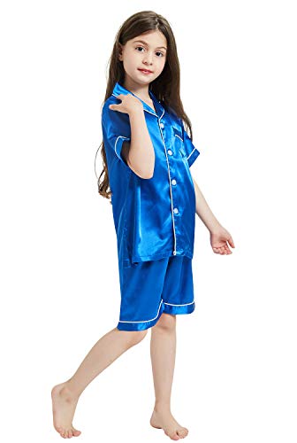 Little Girls Boys Pajamas Set Satin Silk Short Sleeves Sleepwear Pjs 2 Piece Button-Down Clasic Loungewear4