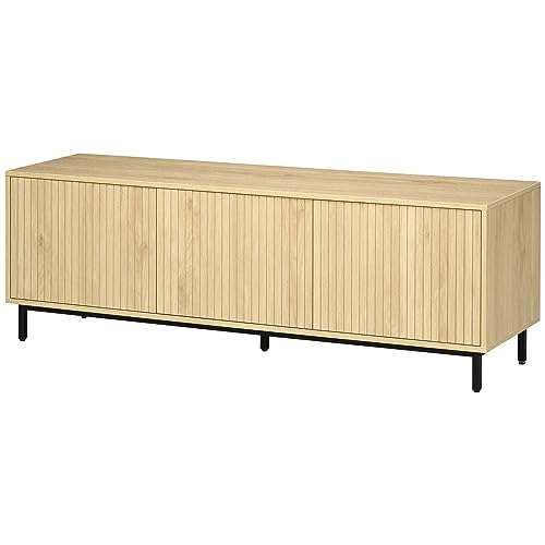 HOMCOM Meuble TV Banc TV jusqu'à 65 Pouces 3 armoires 2 passages de câbles avec étagère réglable - 150 x 40 x 51 cm Naturel