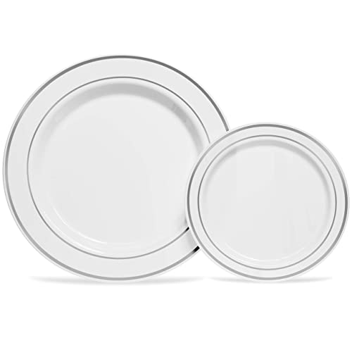 175 Piece Silver Rim Design Dinnerware Set – Heavyweight Set-Disposable Or Reusable -25 Dinner Plates -25 Salad Dessert Plates-25 Napkins-25 Silver Rimmed Tumbler Cups -25 Knives -25 Forks -25 Spoons #TOP4