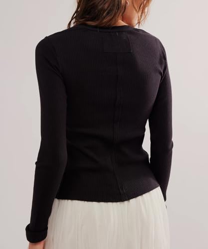 Image of Women's Slim Fitted Cardigan Ribbed Knit Long Sleeve Button Down Shirt Crewneck Y2K Blouse Tops,Black,S