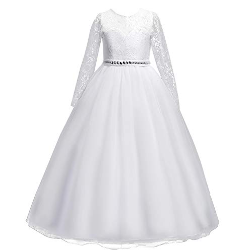 Girls 3/4 Sleeves Floor Length Tulle Vintage Lace Bridesmaid Wedding Dress Birthday Pageant Party Evening Gown