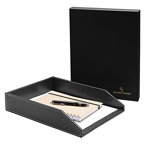 Gallaway Leather Letter Tray Organizer – PU Leather Desk Tray, Perfect for Office Organization, Document Holder Fits A4 Paper, Stackable Drawers for Extra Storage (Black)