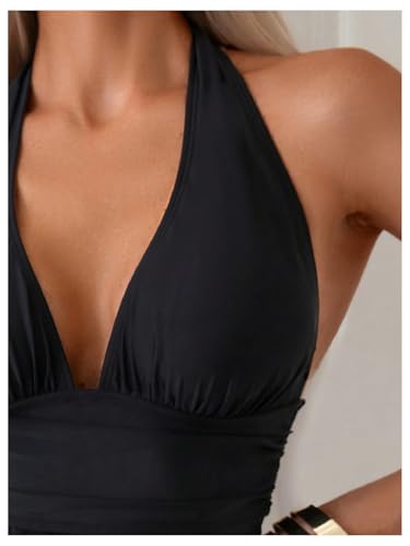 OYOANGLE Women's 2 Piece Tankini Set Two Piece Ruffle Bathing Suits Ruched Halter Swimsuits with Shorts3