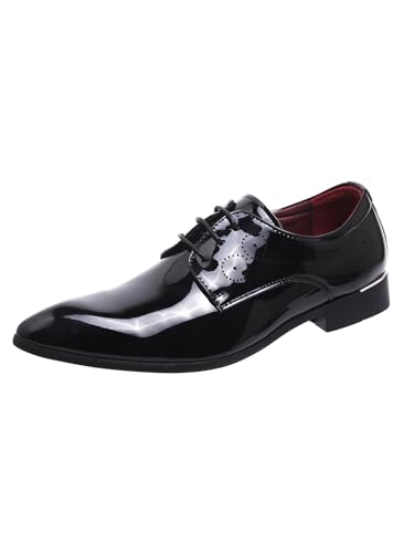 Image of Men Fashion Dress Business Shoe Pointed Toe Floral Patent Leather Lace Up Oxford Black Brown Red Grey