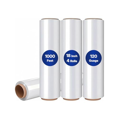 NorthSky Plastic Wrap Stretch Film - Industrial Strength up to 1200% Stretch 20 Microns Clear Durable Adhering Packing Moving Heavy Duty Shrink Film Box of 4 (120 Gauge, 18'' x 1000')