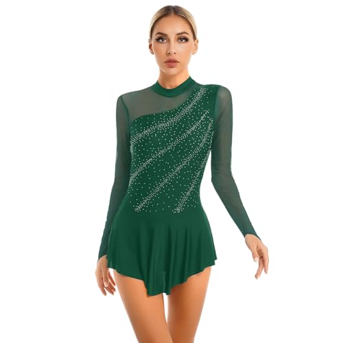 inlzdz Damen Eiskunstlauf Kleid Glitzer Tanzkleid Schlittschuhe Kürkleider Langarm Trikot Tanzanzug Ballettkleid Elegant Bühne Wettbewerb Kostüm...