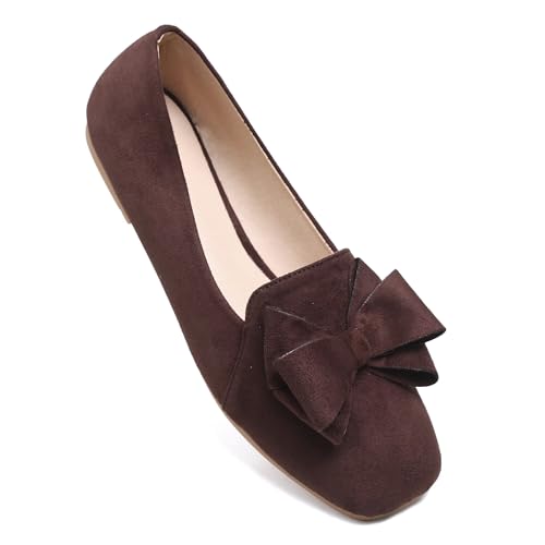 Image of WENJIAZHIZHI Square Toe Bow Ballet Slip-On | Classic Suede Finish,Chic Bow Detail,Effortless Everyday Style,Wedding Party Office,Plus Size Available