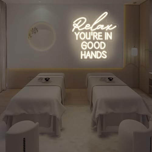 Image of Relax You're In Good Hands Neon Sign Hair Salon Beauty Studio Led Light | USB Powered Dimmable Barber Shop Massage Esthetician Wall Art Decor Gift for Hairdresser 13.8 inchx13 inch