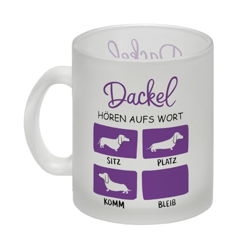 Dackel Liebe - Dackel Glas Tasse Humorvoller Glas Tasse mit Dackel Silhouette - Sitz Platz Komm Bleib Positionen und viel Liebe für Tierfreunde