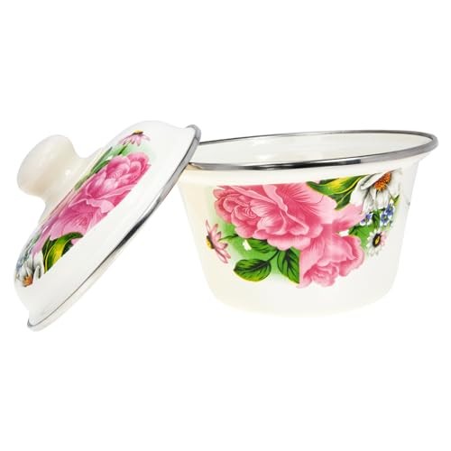 SMASOLO 耐熱蓋付きホーローボウル 大容量伝統花柄調理洗面器 キッチン用エナメル油盆 多用途食品保存とサービングに