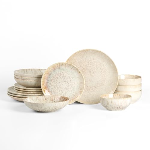 Image of Stone Lain Riley 16-Piece Dinnerware Set Stoneware, Plates and Bowls Set, Dishwasher and Microwave Safe, Dish Set for 4, Sand