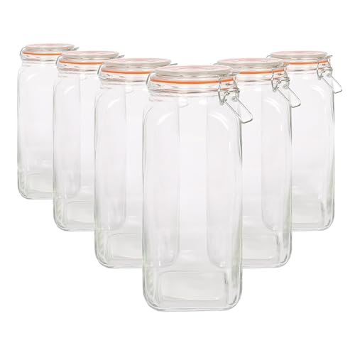 Argon Tableware 2L Square Glass Jars with Clip-top Lids - 6pc Airtight Kitchen Mason Jar Food Storage Preserving Container for Pickling, Chutney, Jam, Coffee, Oats