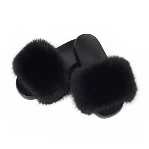 Image of Women's Faux Fur Slides Slippers Fluffy Fuzzy Sandals Open Toe Furry Slide Flip Flop Indoor Outdoor