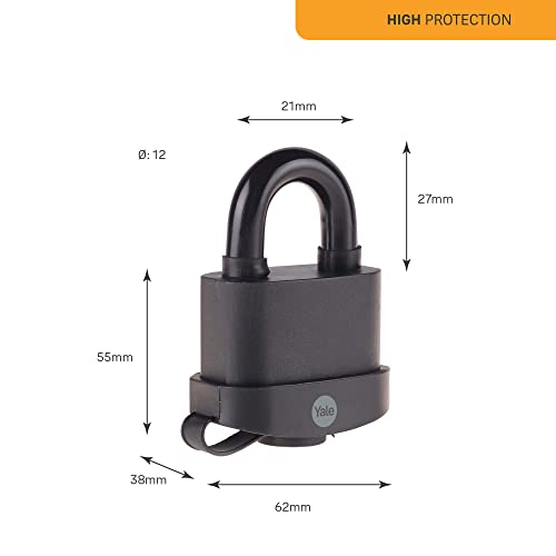 Image of YALE Y220B /61 /123 /1 - Black Weatherproof Padlock with Protective Cover (61mm) - Outdoor Hardened Steel Shackle Lock for Shed, Gate, Chain - 3 Keys - HIGH Security