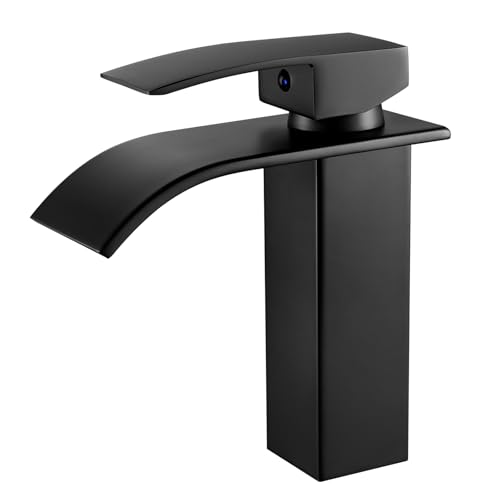 kisimixer Mitigeur Lavabo Noir Cascade avec Bec Hauteur 10cm, Robinet de Salle de Bain Lavabo (sans Bonde, sans Tirette de Vidage), Eau Chaude et Froide...