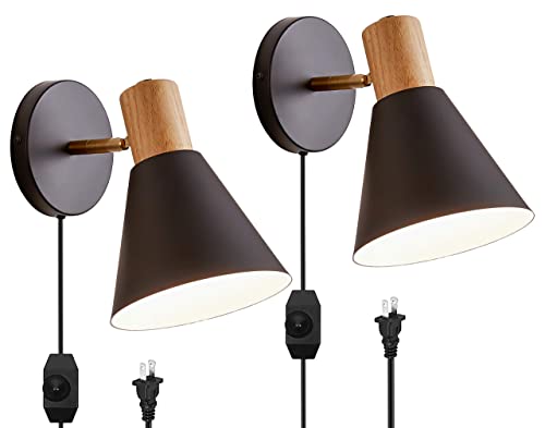 ClanKin Wall Sconces Lighting Set of 2 for Bedroom, Black Dimmable Wood Style Wall Sconce Reading Lamp, Adjustable Wall Light for Bedroom Hallway Living Room (Black-Plug in, 2) by ClanKin - Used condition - US$52.94