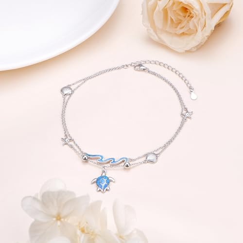 Image of Ladytree S925 Sterling Silver Boho Beach Double Layer Anklets Bracelet for Women Adjustable 9 to 11 inches