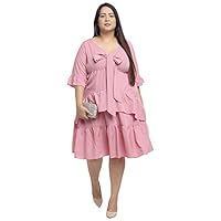 Flambeur Pink Color Crepe Fabric 3/4 Sleeve V Neck Plus Size Dress for Women