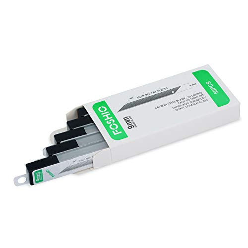 FOSHIO 50 Stück Ersatzklingen Abbrechklingen, ErsatzKlingen 9mm, Messerklinge Carbonstahl, Grafikmesser klingen Folienmesser für Cuttermesser, Teppichmesser, 30 Grad Cutterklingen