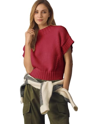 Image of Women's Mock Neck Cap Sleeve Sweater Vest Casual Solid Cropped Tank Tops Pullover Sweaters