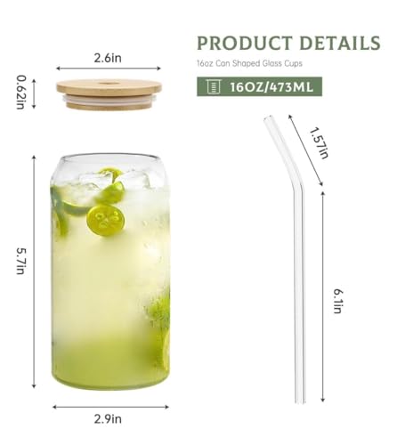 Image of SUANI Can Glass Tumbler with Lid and Straw, 500ml Transparent Drinking Glass Cup for Iced Coffee, Cold Coffee, Juice, Smoothies, Milk, Tea and Beverages, Pack of 1
