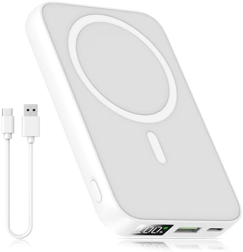 ISIX Wireless Power Bank 10000mAh, PD20W+QC22.5W Magnetic Power Bank Compatible with MagSafe for iPhone 12/13/14/15, USB-C Portable Powerbank Fast Charging Compact & Lightweight Design, White
