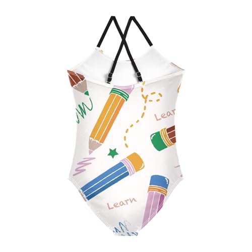 Girls One Piece Swimsuits Colorful Cute Pencils Pattern Sport Halter Swimwear Beach Bathing Suit,7-8T2