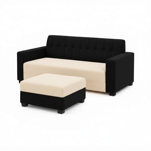 Image of FURNY Luxora 2 Seater Fabric Sofa Set with 1 Ottoman (Black-Cream) with Velvet Finish | Durable Comfort | Ideal for Living Room. | Breathable material