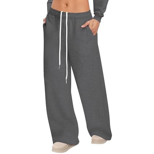 Womens Sweatpants Wide Leg Drawstring Workout Casual Baggy Pants High Waist with Pockets Dark Gray Small